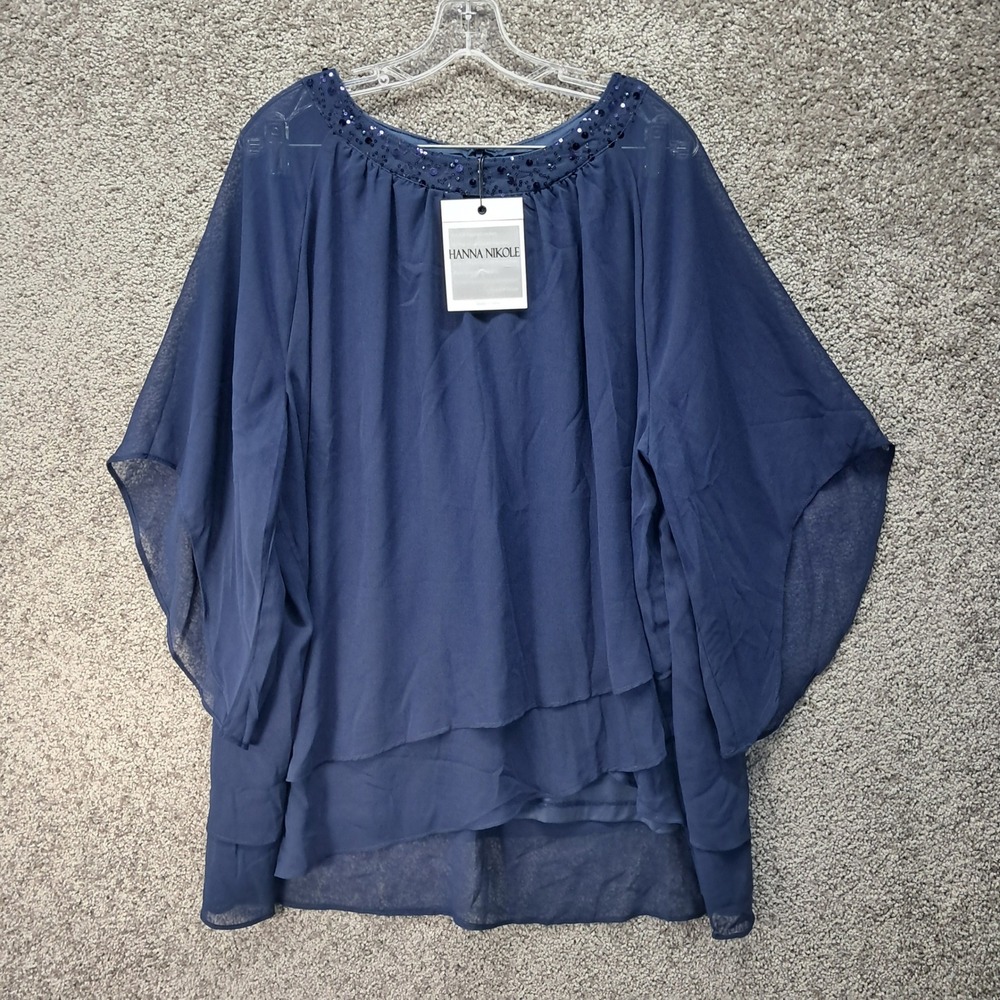 Hanna Nikole Women Navy Blue Layered Chiffon Sequin Neck Blouse Top 22W NEW